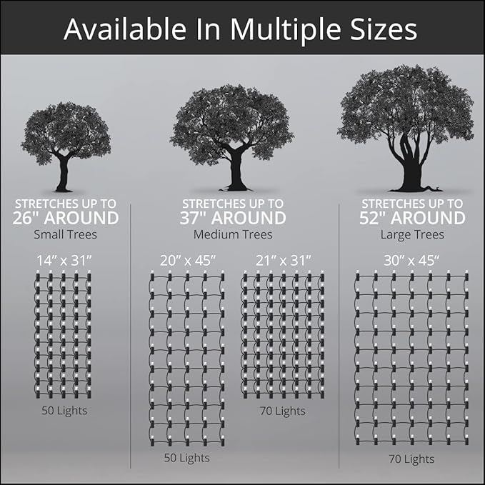 70 Warm White LED StretchNet Pro Expandable Christmas Net for Large Trees – Tree and Trunk Wrap, 30" x 45" Stretchable Net, Brown Wire Outdoor Decoration