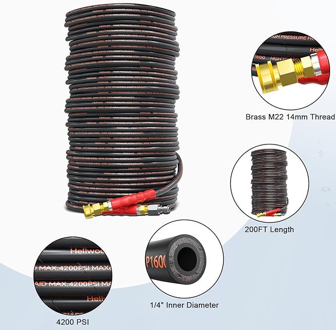 200FT Pressure Washer Hose 4200PSI, Power Washer Hose Steel Wire Braided with Swivel Quick Connect, Commercial Grade Industrial High Pressure Water Washing Hose (4200PSI, 200FT)