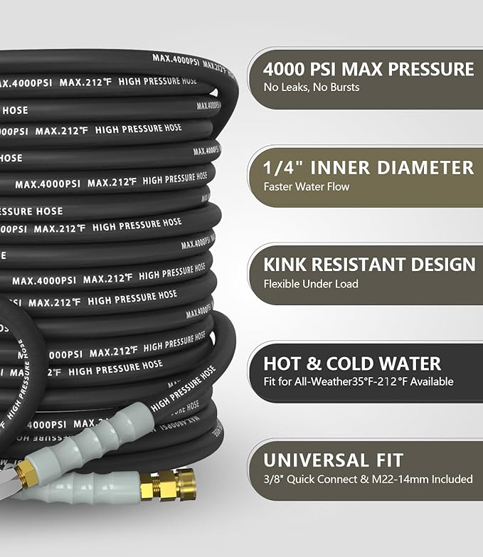 Pressure Washer Hose 150FT 4000 PSI, Kink Resistant Steel Braided Layer & NonMarking Rubber for Hot/Cold Water, High Power Washer Hose With 3/8 Inch Quick Connect & M22 Fitting, Black