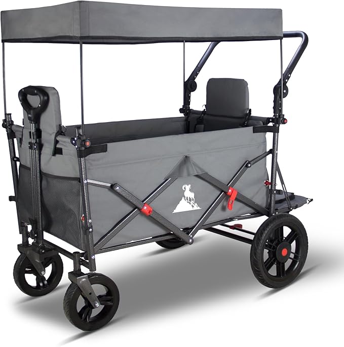Collapsible Foldable Wagon Cart with All Terrain Wheels &Canopy& 2 Seats- Heavy Duty Utility Wagon 265 lbs Capacity for Camping, Garden, Shopping (Grey)