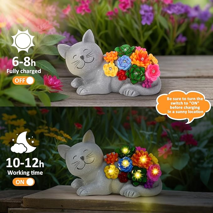 Solar Garden Decor Cat Statue, Outdoor Decor Cat Figurine with Succulentss and 6 LED Lights for Yard Art Lawn Porch, Unique Birthday Gifts for Women Mom