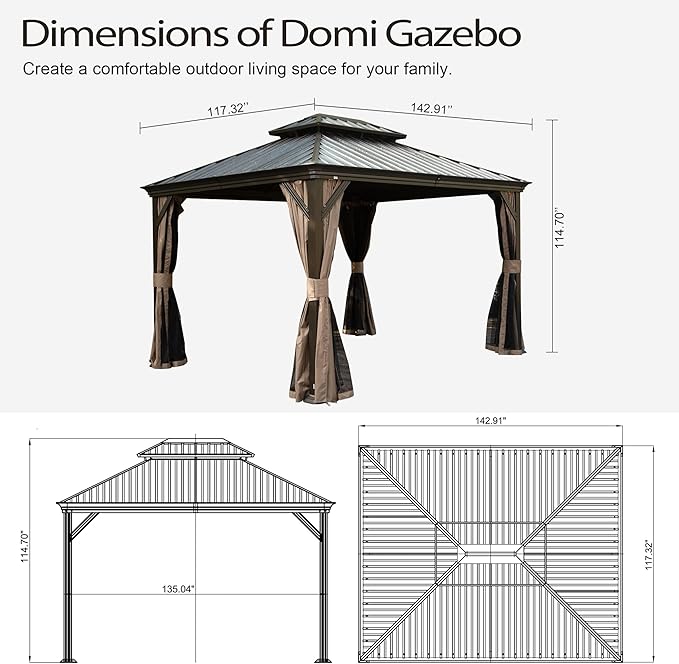 Domi 10x12FT Outdoor Gazebo, Hardtop Gazebo with Galvanized Steel Double Roof, Metal Gazebos with Drainage System Patio Pergola for Patio Deck Backyard,Curtain and Netting,Brown
