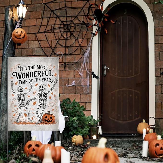 HTBIG Funny Halloween WSkeleton Garden Flag, Halloween Wonderful Time Flag, Yard Flags for Outside 12x18 inch, Outside Yard for Home Decorations