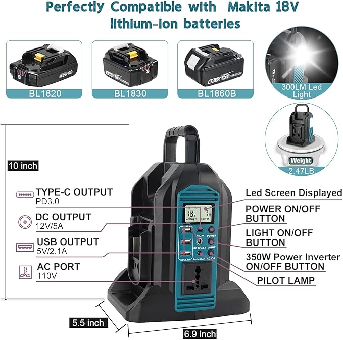 350W Power Inverter for Makita 18V LXT Li-ion Battery,2-Port Supply Inverter Generators Converter DC 20V to AC 110V ~120V with LED Light,3 USB-A,1 Type-C,1DC Port, for Outdoor Travel Camping