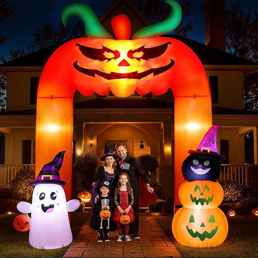 11FT Halloween Inflatable, Giant Halloween Inflatables Archway, Inflatables Blow Up Scary Pumpkin with Ghost and Cat for Lawn Garden Yard Holiday Party Decorations
