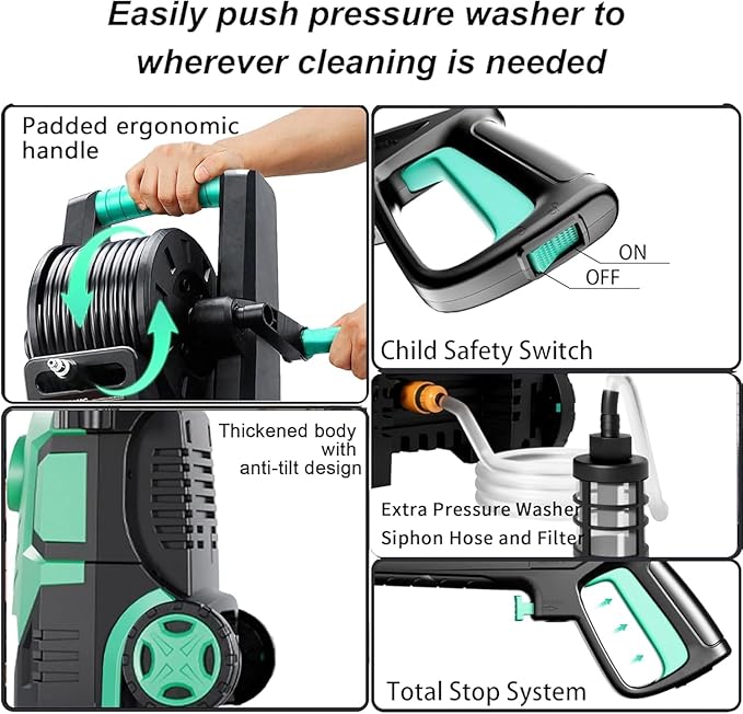 2025Upgraded Pressure Washer 5000PSI with Adjustable Touch Screen 8 Level, 34" Tall, 4 Quick Connect Nozzles,Inlet Hose&Filter&500mlFoam Cannon for Cars/Fences/Driveways/Home Cleaning,Green
