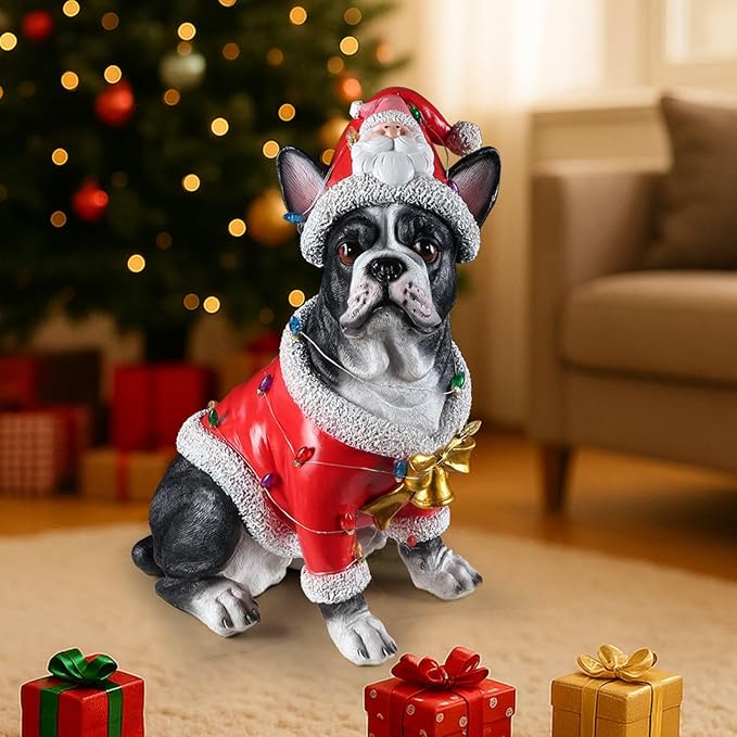 Christmas Outdoor Decoration Dog Statue, LED Light Cute French Bulldog Sculpture with Santa Outfit & Lights for Garden and Yard, Indoor Holiday Décor Gift for mom and dad