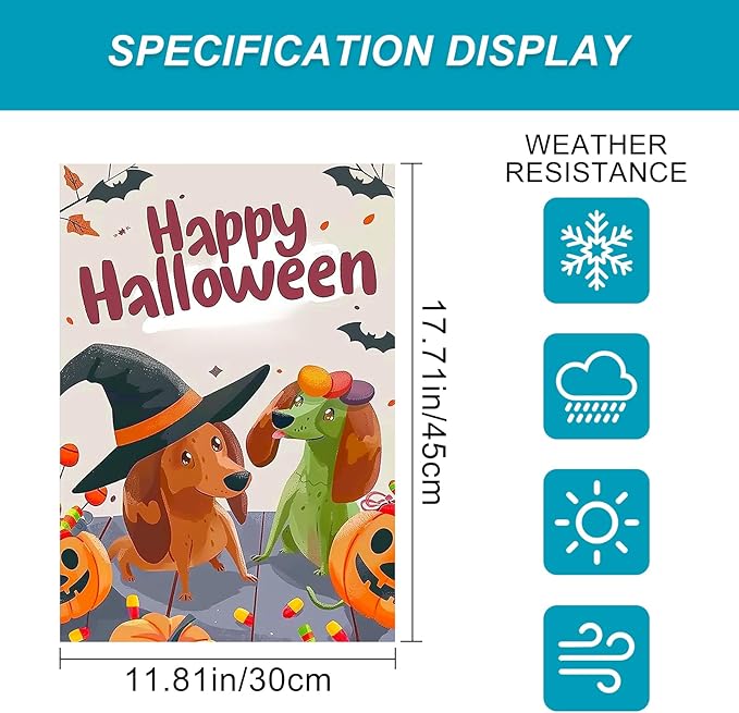 Halloween Dachshund Dog Garden Flag 12x18 Inch Funny Witch Hat Pumpkin Candy Outdoor Yard Banner Fall Porch Decoration for Spooky Holiday Season