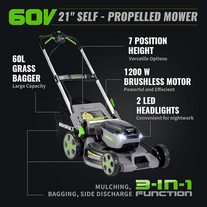60V Self-Propelled Lawn Mower 21-Inch, Brushless Cordless Mower for Large Yards, Electric with LED Headlight, 5.0Ah Battery & Rapid Charger