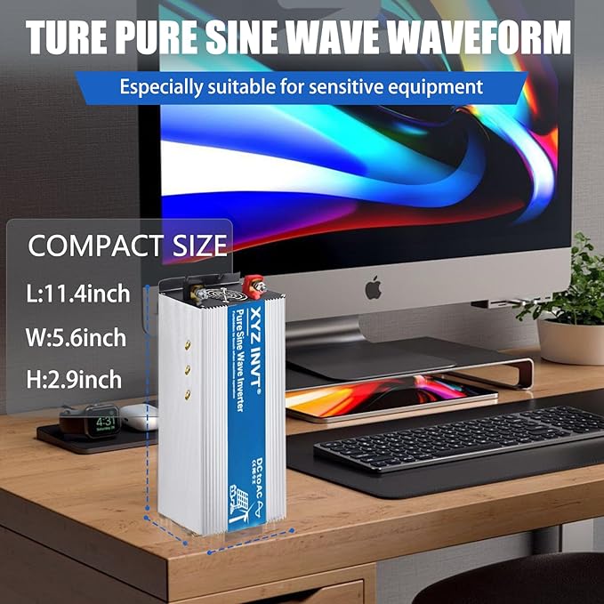 2000W Pure Sine Wave Inverter DC 12V to AC 120V, 4000W Peak Power with LED Display, Power Converter for Car, Truck, Solar, Home & Rechargeable Devices
