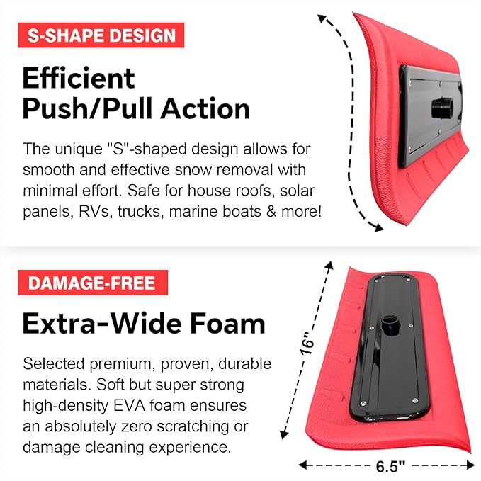 Never-Scratch SnowBuster | 19-Foot Snow Roof Rake(Up to 25Ft Standing Reach) | Heavy-Duty Aluminum｜EVA Soft Foam Pad Snow Removal Tool｜S-Shaped Push/Pull Design for House Roofs, Solar Panels