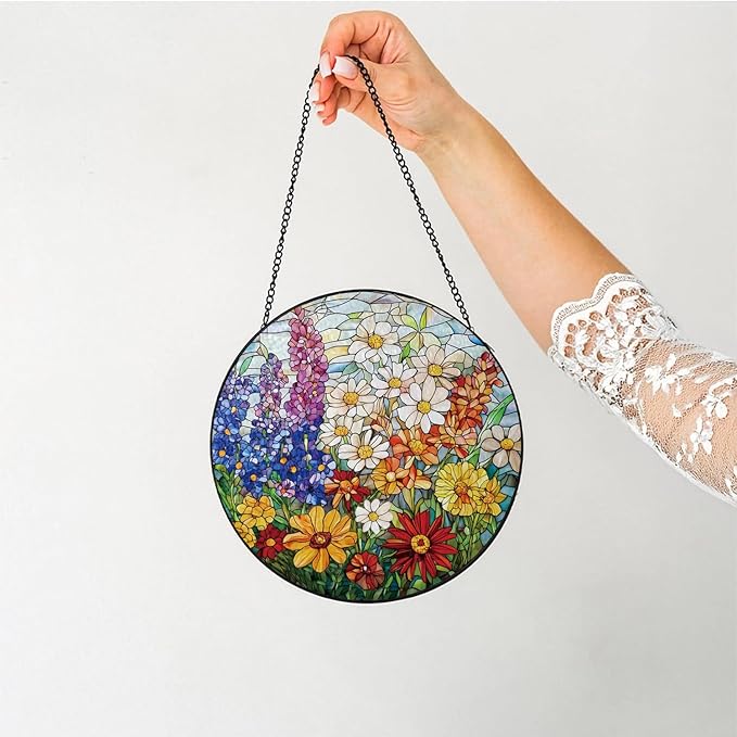 Colorful Wildflowers Suncatcher -7.9 in Stained Glass Window Hanging Sun Catcher Garden Decor