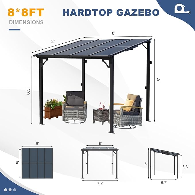 MEISSALIVVE 8' x 8' Wall Mounted Lean to Metal Awnings with Sloped Roof, Outdoor Patio Gazebo Awning for Backyard, Deck, Black