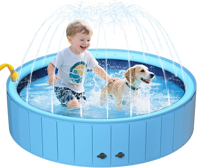 UCCY 2-in-1 Foldable Dog Pool for Large Dogs Hard Plastic Splash Sprinkler Kiddie Swimming Pool Non-Slip Portable Dog Bathtubs Collapsible Multi-Use Whelping Box Ball Pit Duck Pond Blue L-48"x12"
