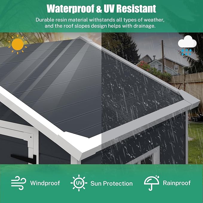 Seizeen 6x4.4ft Resin Shed with Floor, Waterproof Outdoor Plastic Shed w/Lockable Doors, Window & Vents, Outdoor Storage Shed for Storing Lawn Mower, Patio Furniture, Tools, Bike (Dark Gray)