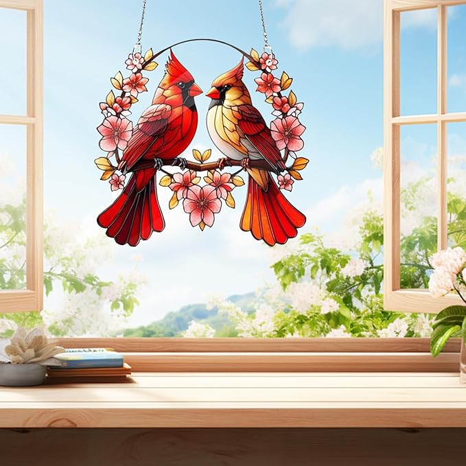 Acrylic Window Hanging Cardinal Suncatcher Decor,Red Bird Suncatcher Panel Outdoor Wall Art Stained Panel Hangings Gift for Home Garden Ornament for Birds Lover