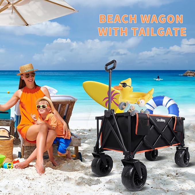 51" L Beach Wagon with 9" Sand Wheels,260L Collapsible Beach Cart with Rear Tailgate,Heavy Duty Wagon for Sand, Camping, Fishing and Sport,Black