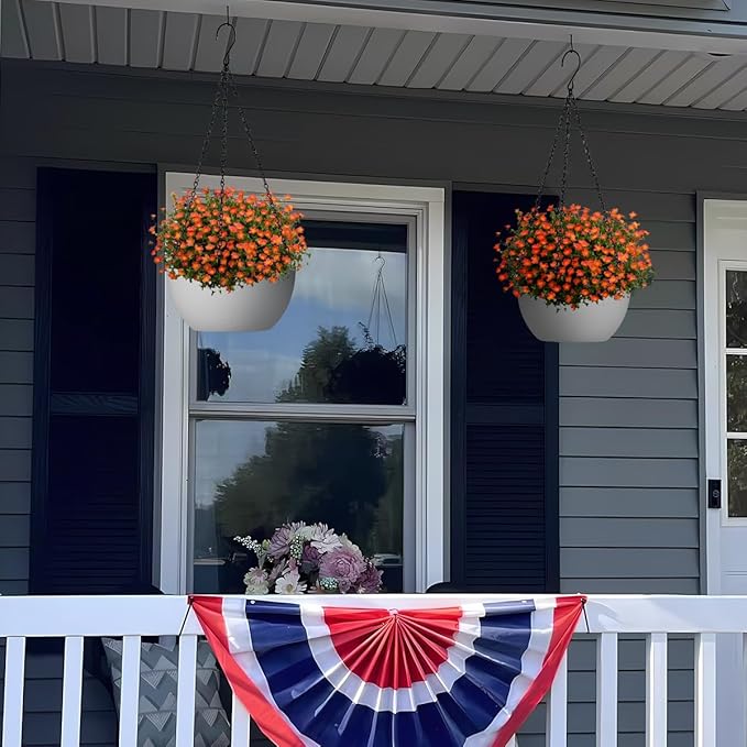 10 inch Hanging Planters for Indoor Plants, 2 Pack Planters for Outdoor Plants with Drainage Holes and Chain, Round Plastic Hanging Baskets, Hanging Flower Pots for Balcony Garden Decor-White