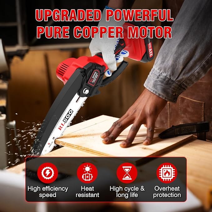 Mini Chainsaw Cordless, Upgraded 6 Inch Handheld Chain Saw Battery Powered with 2 Batteries and 3 Chains, Portable Small Electric Tree Trimmer for Wood Cutting, Courtyard and Household