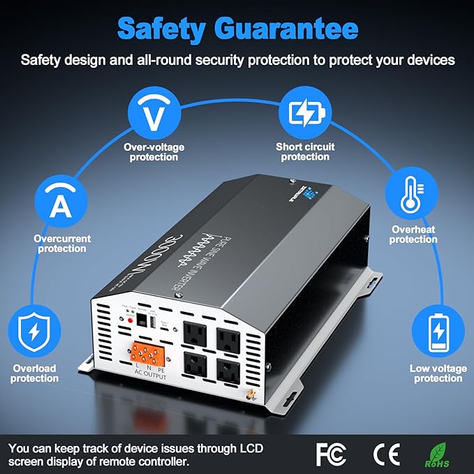 3000 Watt Pure Sine Wave Inverter 12v DC to 110v 120v AC Converter,6000W Peak Power Inverter with 4 AC Outlets,USB Port,Type-C,Remote Control LCD Display for Truck, RV, Vehicles, Solar Off-Grid