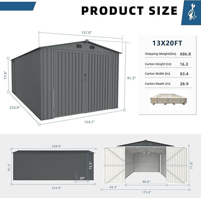 CHERY INDUSTRIAL.COM 13x20ft Outdoor Storage Shed Metal Waterproof Garden Tool Shed with Lockable Door Ventilation for Grass Cutter for Backyard Patio Storage Lawn Mower Bike