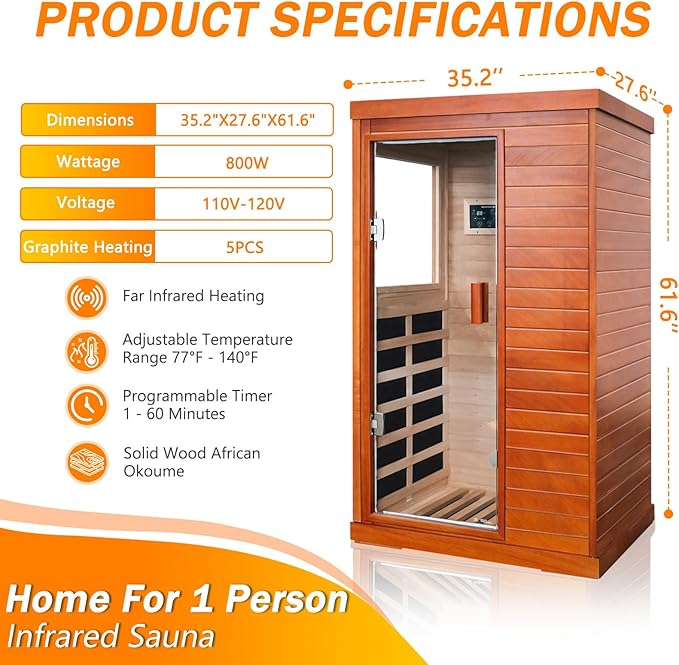 Far Infrared Saunas for Home Sauna Room Wood 800W Indoor Sauna Dry Sauna 110V with Control Panel and Tempered Glass Door, Bluetooth Speakers, Reading Lights and Circulation Vents - 35.2*27.6*61.6 IN