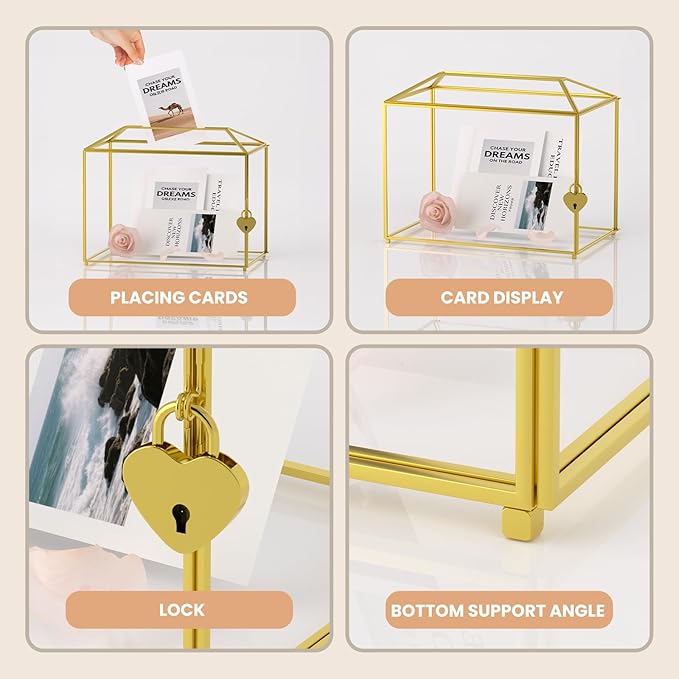 Wedding Card Box with Slot and Lock for Wedding Reception - Birthdays Party Card Holder, Home Geometric Decorative, Clear Gold Terrarium (Gold) 10.2" x 5.9" x 7.9"