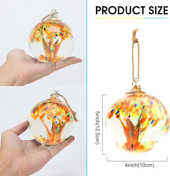 Hand Blown Glass Ball, 4" Gazing Glass Christmas Ornaments, Hanging Tree of Life Witch Balls for Home Outdoor Window Patio Garden Décor（Orange）