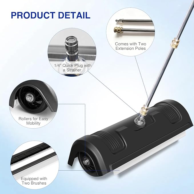 GALAXYER Pressure Washer Surface Cleaner, Metal Floor Washer Accessories for Driveways Sidewalks Patios with 2 Extension Pole Attachments, 1/4-inch Quick Coupler