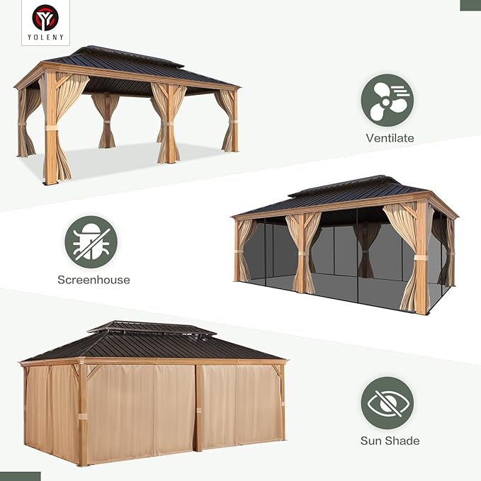 YOLENY 12' x 20' Hardtop Gazebo Wood Grain Pergola with Galvanized Steel Double Roof, Aluminum Frame, Outdoor Patio Gazebo with Netting and Curtains for Deck, Backyard, Patio and Lawns