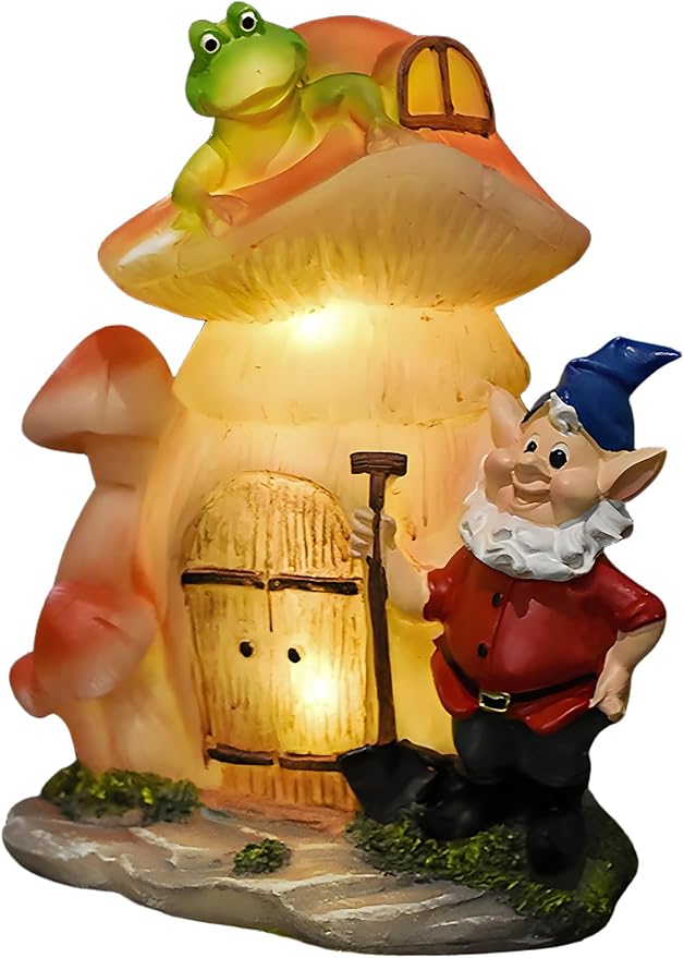VINIUSIKI Garden Statues Mushroom House Gnome with Solar Light, LED Outdoor Fairy House Statue for Lawn,Balcony-Yard Art Patio Decor, Outdoor Easter Decorations Gifts for Mom Women