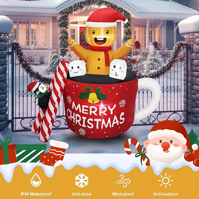 6FT Christmas Inflatables Outdoor Decorations, Navidad Blow Up Gingerbread Swiming in Hot Cocoa Mug Scene with Penguin Built in LED for Garden Lawn Xmas Decor Party