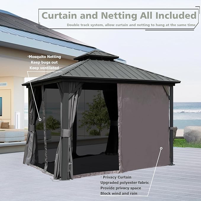 Domi Hardtop Gazebo 10x10FT, Aluminum Outdoor Gazebo with Galvanized Steel Double Roof Canopy, Curtains and Netting Included, Metal Gazebo Permanent Pavilion for Patio, Lawn, Garden, Gray