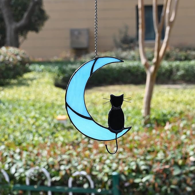 Cat Memorial Gifts Stained Glass Black Cat Decor Window Hanging Ornament Garden Suncatcher Gifts for Cat Lover Cat Gift for Women (Black Cat on Blue Moon)