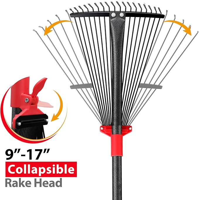 Rake, Adjustable Rake for Leaves with 9”-17” Rake Head, Rakes for Lawns Heavy Duty, 60 in Garden Rake with 18 Clog-Free Tines, Long Handle, Metal Rakes Tool for Gardening, Fast Cleanup Camping Rake