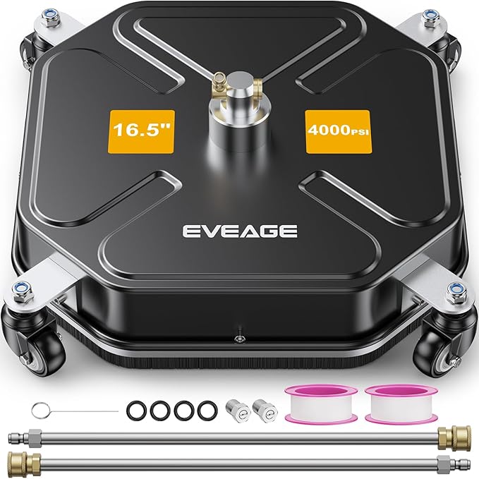 EVEAGE 16.5" Pressure Washer Surface Cleaner - Stainless Steel Power Washer Surface Cleaner with 4 Wheels & 2 Extension Wands, 4000PSI Power Washer Accessories Attachment