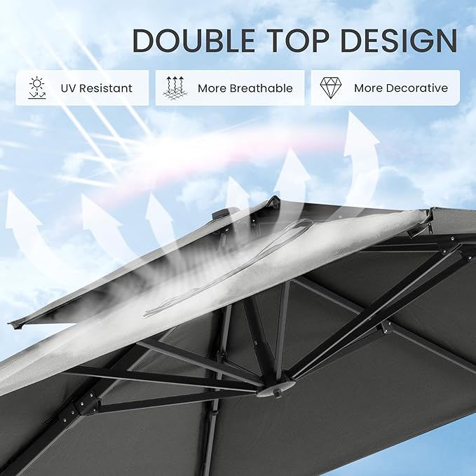 10x10 FT Cantilever Patio Umbrella with Base Included Double Top Outdoor Square Large Heavy Duty Aluminum Offset Umbrellas with 7 Level Tilt 360-degree Rotation for Pool Garden Deck,Grey