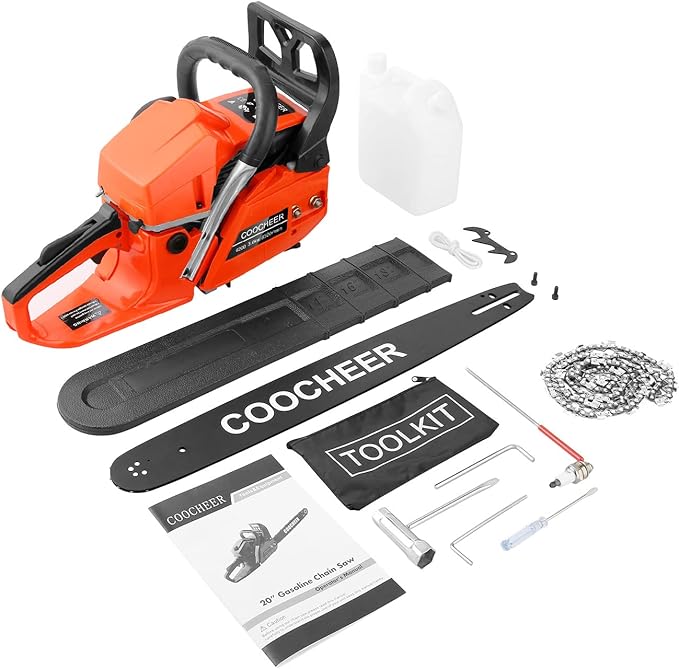 COOCHEER 62CC Gas Chainsaw 20 Inch, 3.5 HP 2-Stroke Chainsaw Gas Powered with Carrying Bag & Tool Kit, Chainsaws for Wood Cutting, Tree Trimming, Farm Use (Orange-Red)