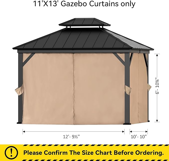 Gazebo Curtain Replacement Universal 4-Panel Sidewalls 11' x 13', Outdoor Gazebo Privacy Curtains with Zipper, Replacement for Outdoor, Patio Canopy, Garden and Backyard (Curtain Only)