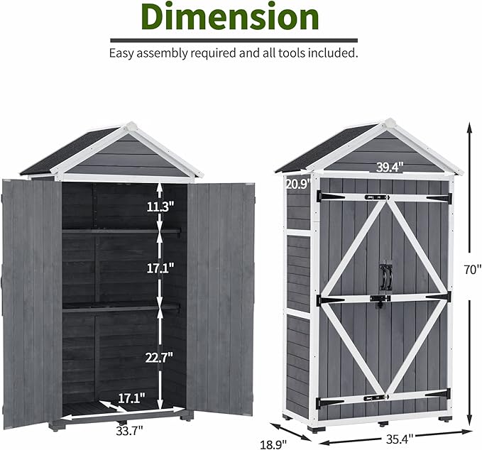 MCombo Outdoor Storage Cabinet with 2 Shelves, Outside Storage Shed with Floor, Wooden Garden Tool Shed with Latch for Yard Deck Lawn, 1000