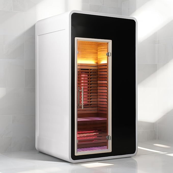 1 Person Infrared Sauna for Home,Canadian Cedar Outdoor Wooden Dry Sauna with Rapid Heating Tubes&Carbon Plate,LCD Control Panel and Tempered Glass Door (1-Person)