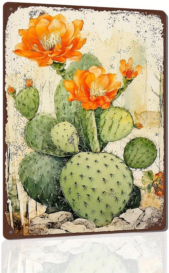 Cactus Flower Iron Tin Sign Art Deco Style - Decorative Wall Hanging Metal Plaque, Multipurpose, Vintage Water-Proof & Dust-Proof,Artistic Floral Theme, No Electricity Needed (1pc, 12x8")