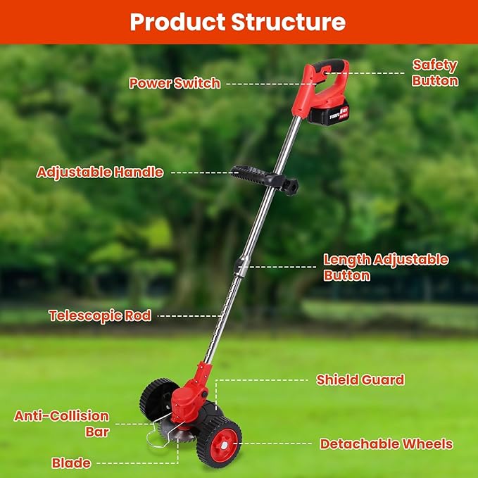 Cordless Weed Wacker, Battery Powered Weed Eater 3 in 1 Stringless Grass Trimmer with 3 Types Blades and 2Pcs 2.5 Ah Battery, Adjustable Length for Yard Lawns Garden (25 Blades, Wheels)