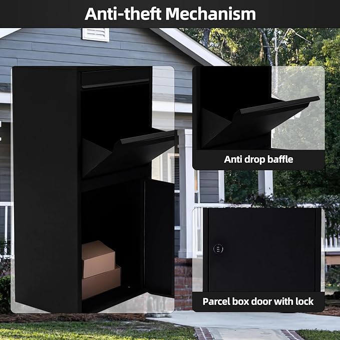 Black Mailboxes for Outside，Galvanized Steel Large Package Delivery Boxes for Outside,with Adjustable Baffle Parcel Drop Box,Wind and Rainproof Packages Box for front Porch