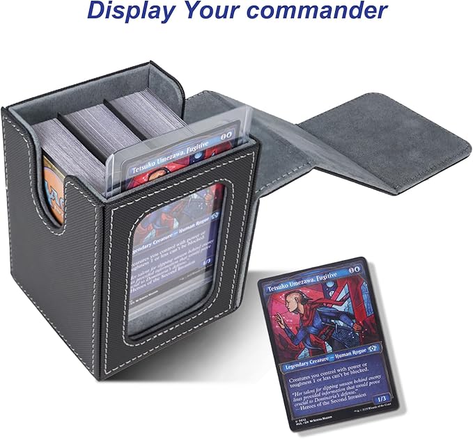 AFIING MTG Deck Box for Commander Display,Card Deck Box Fits 100 Double Sleeved Cards, Magic Commander TCG Card Storage Box with 2 Dividers,Drawstring Bag and 1 Toploader(Black/grey)