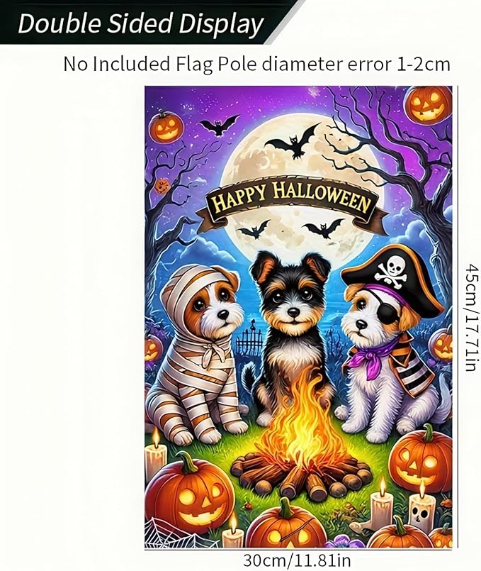 Happy Halloween Garden Flag Double Sided 12x18 Flag With Cute Dogs In Piratedogs Mummy Pirate Campfire Jack-O'-Lanterns Full Moon Garden Flag Outdoor Home Decor Lawn Event Party Supplies