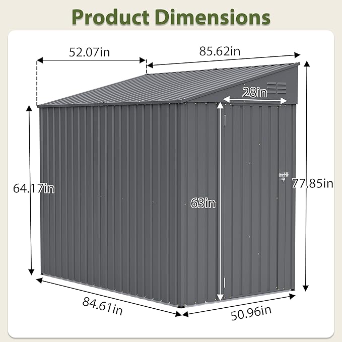 4x8 FT Outdoor Storage Shed,Lean to Lockable Metal Garden Shed Steel with Reinforced Beams,All Weather Waterproof Storage House W/Lockable Door,for Backyard,Patio,Lawn,Garden,Dark Gray