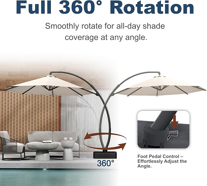 12FT Cantilever Umbrella with Base Large Curvy Outdoor Aluminum Offset Umbrella w/ 360° Rotation, UV Resistant Canopy for Patio, Garden, Backyard, Beige
