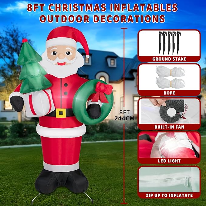 8FT Christmas Inflatables Santa Claus with Christmas Tree,Inflatables Decorations Outdoor/Indoor,Christmas Blow Up Santa Claus Yard Decorations Built-in LED Lights,for Yard/Lawn/Garden.