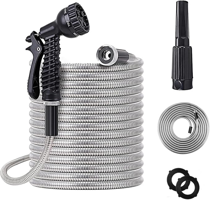 75ft Metal Garden Hose Stainless Steel Heavy Duty Water Hose With 2 Nozzles, No Tangle and Kink, Lightweight & Flexible, Tough and Pet Proof, Metal Garden Hose for Yard, RV, Garden, Outdoor